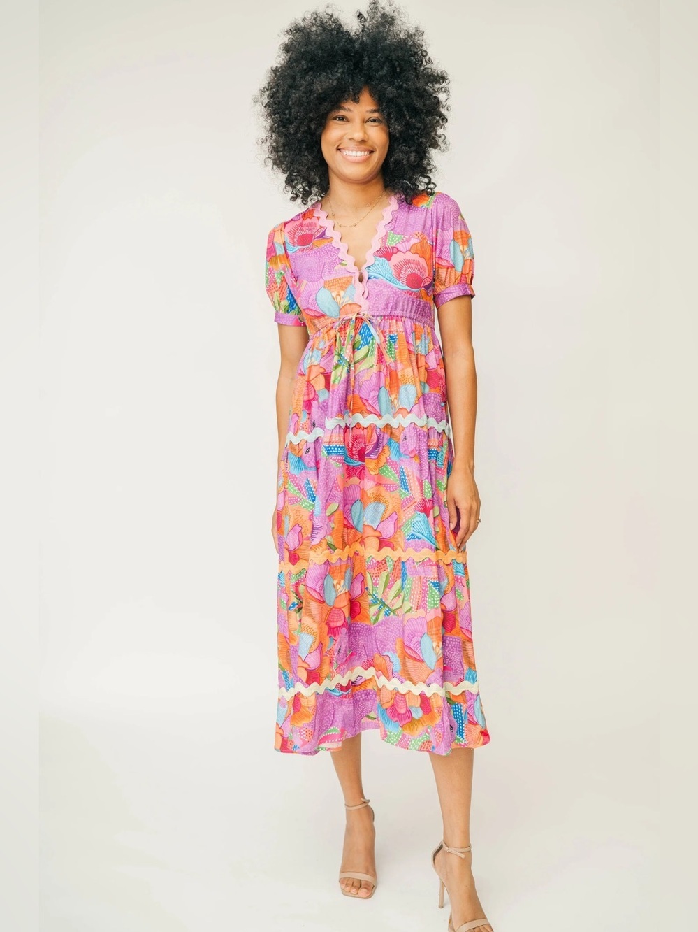 MARIE BY VICTORIA DUNN Rachelle RicRac Bright Floral Dress Size XS GUC